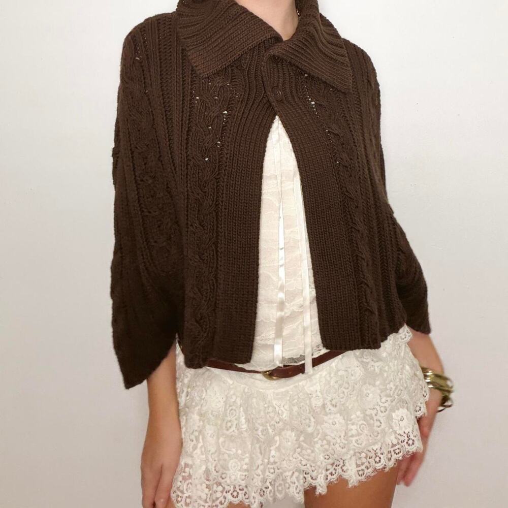 Nwot vintage chunky brown cable knit babydoll shawl